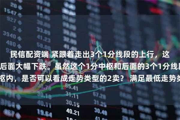民信配资端 紧跟着走出3个1分线段的上行，这里是否可以定为2卖，后面大幅下跌。虽然这个1分中枢和后面的3个1分线段，都还在同一个中枢内，是否可以看成走势类型的2卖？ 满足最低走势类型的要求。具体的结合律要看当下最合适的分
